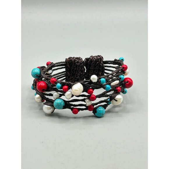 Beaded Wire Cuff Bracelet Genuine Pearls Red & Turquoise Color Beads Multilayer - Picture 6 of 7